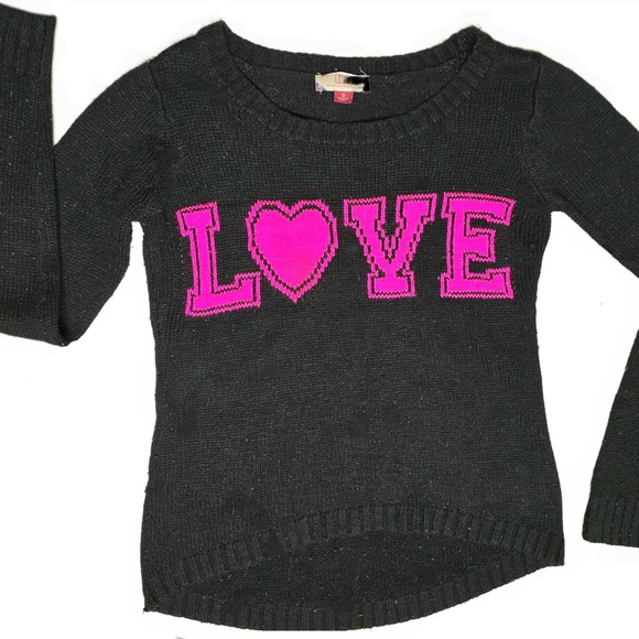 🔵 LEI Juniors Black Pink Knit LOVE Dipped High-Low Crewneck Sweater Small - Picture 2 of 11